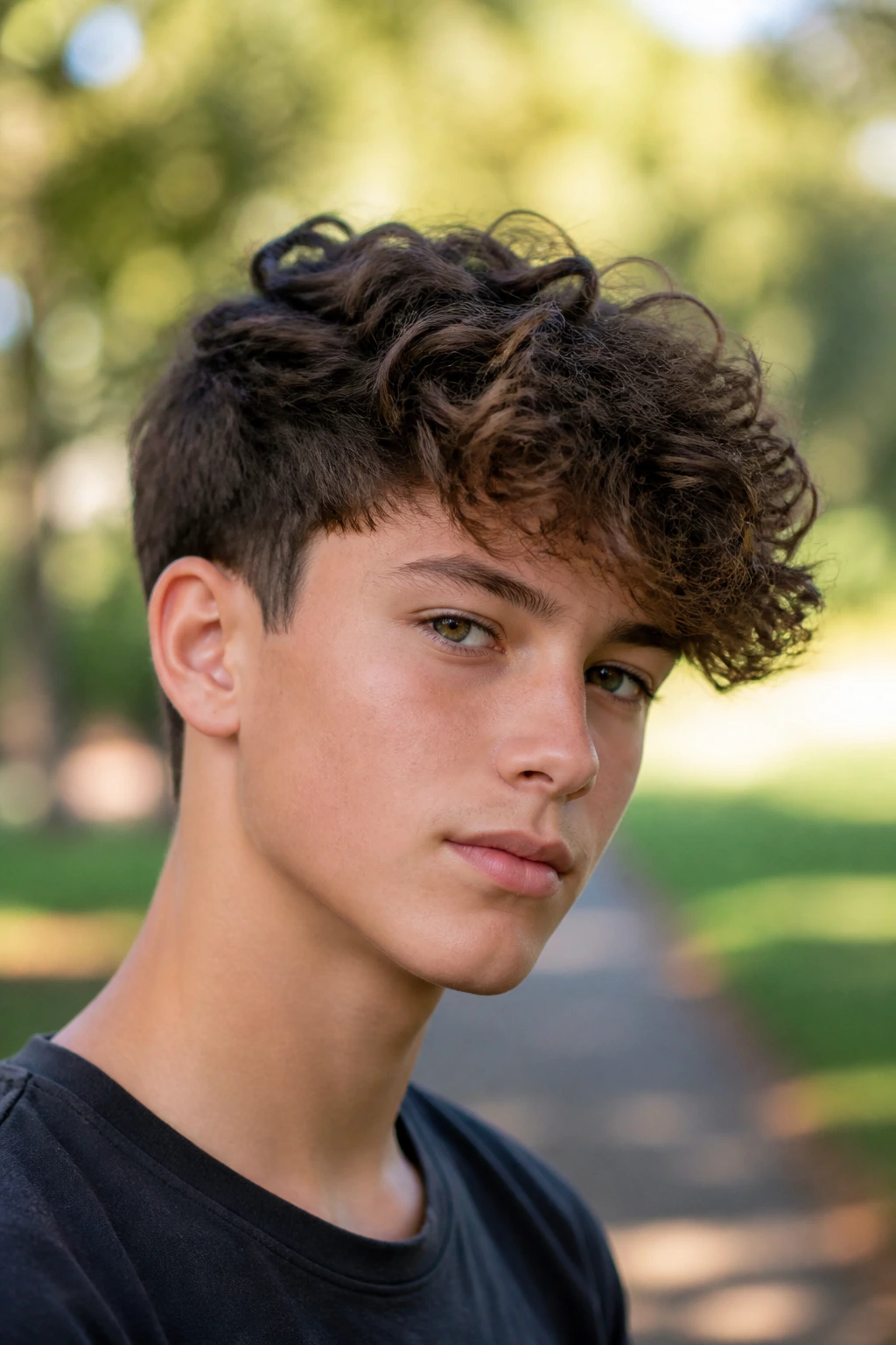 Close-up of a boy with curly hair swoop hairstyle