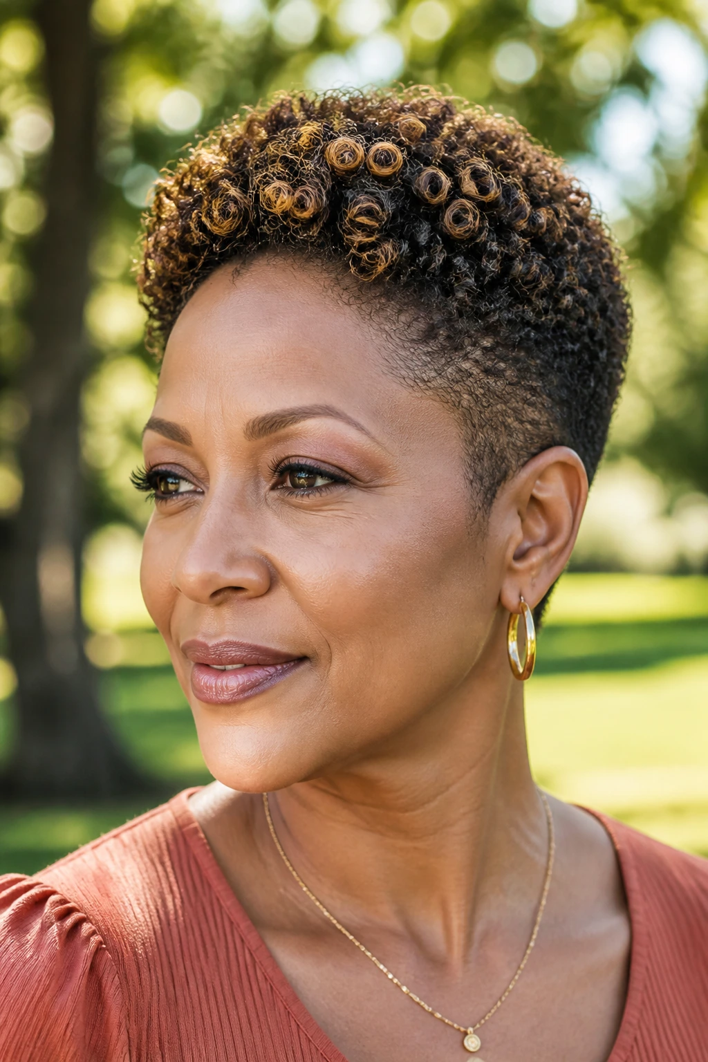 Close-up of a real woman with curly taper and caramel highlights.