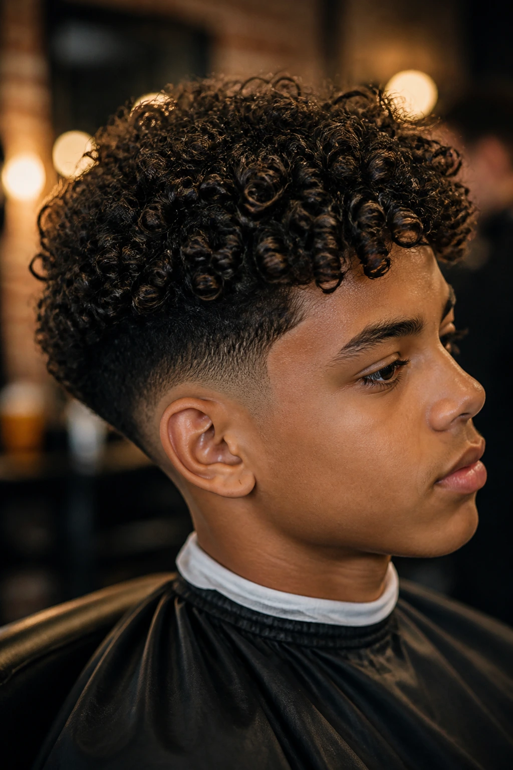 Close-up of a boy with a curly taper fade and textured top