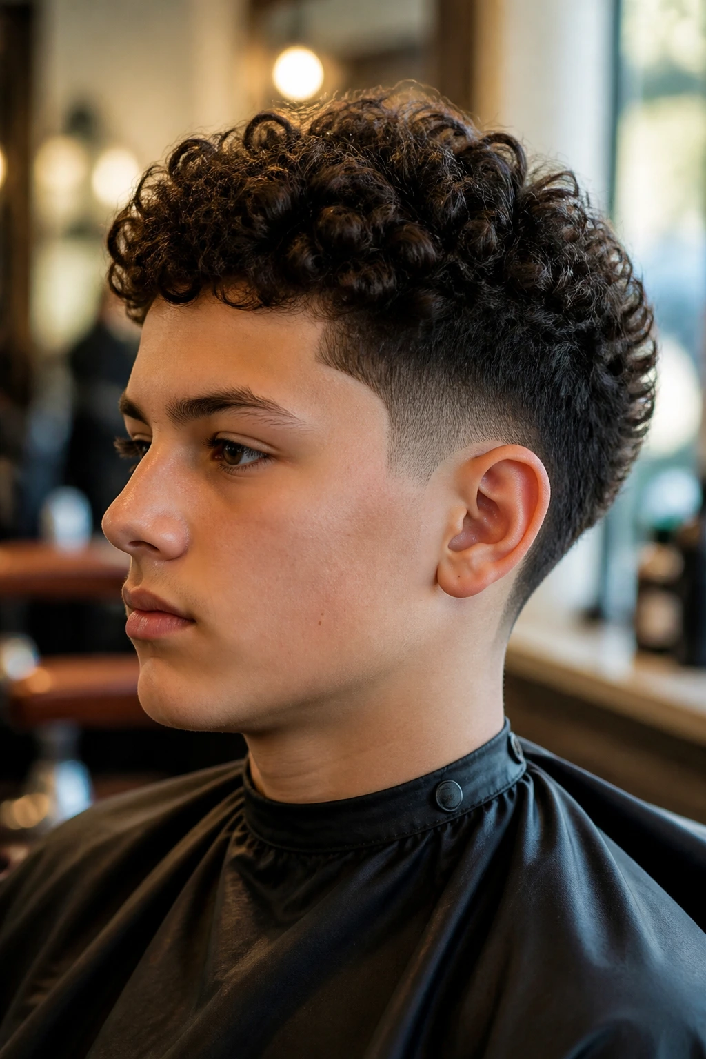 Boy with curly taper fade hairstyle in a barber shop