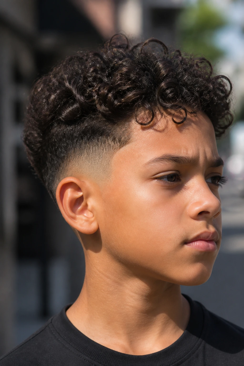 Boy with curly top and taper fade in urban street setting
