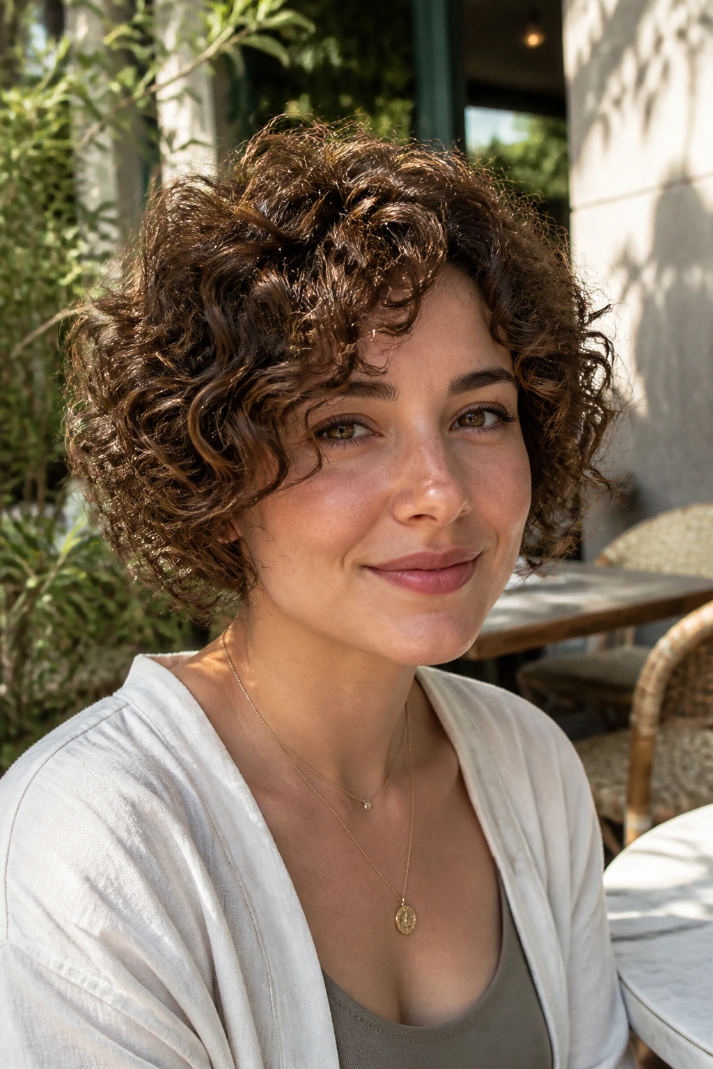 Close-up of a real woman with curly tapered bob in sunlit outdoor courtyard