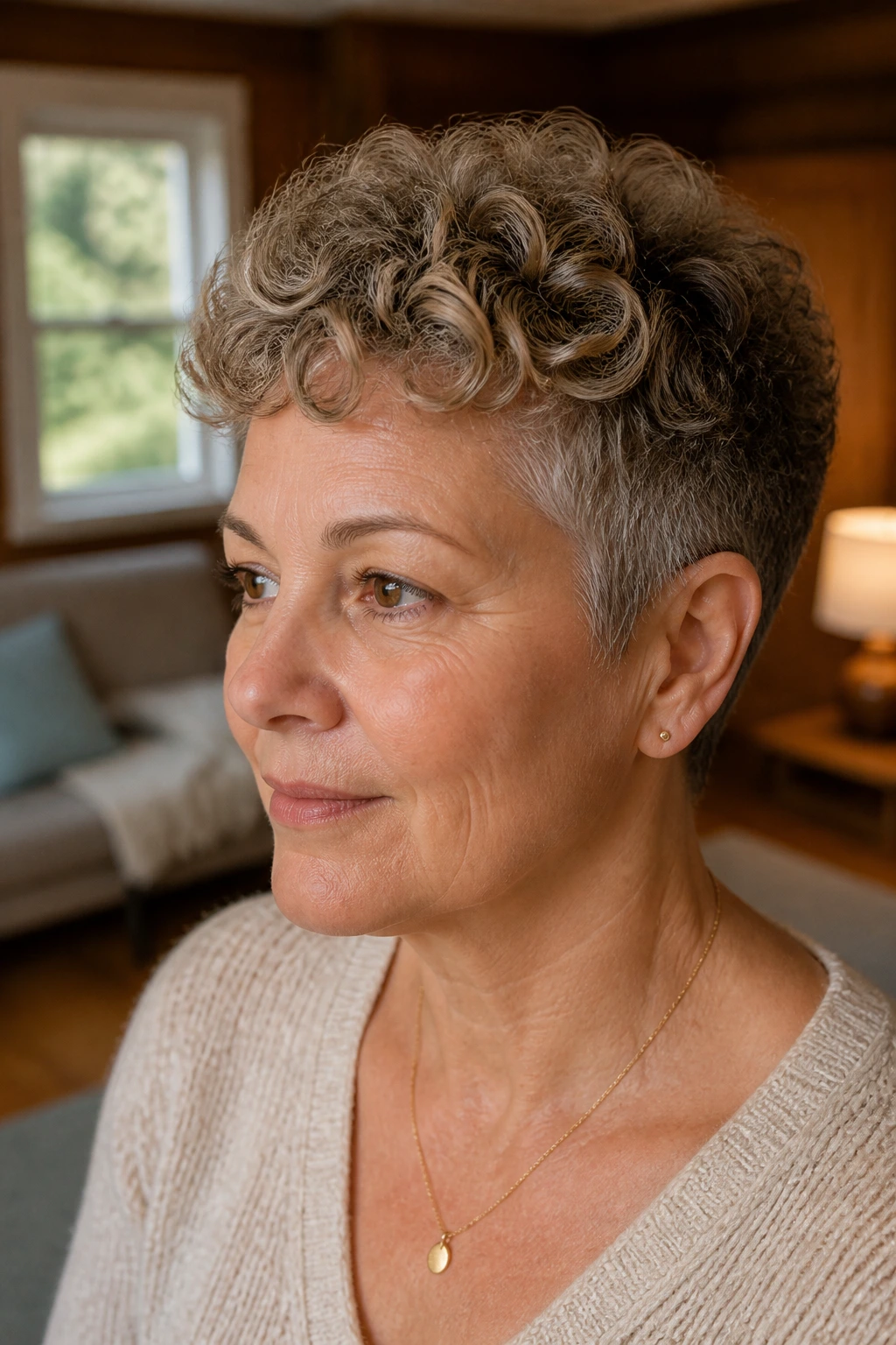 Close-up portrait of a real woman with a curly tapered crop hairstyle, tapered sides and curled top in a cozy room