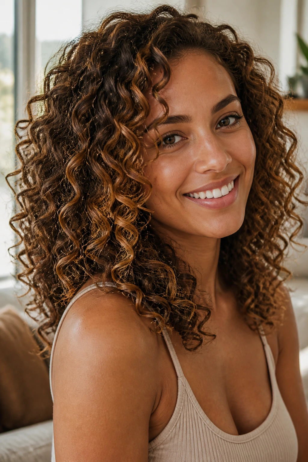 Close-up of a real woman with curly hair and tawny ribbon highlights.