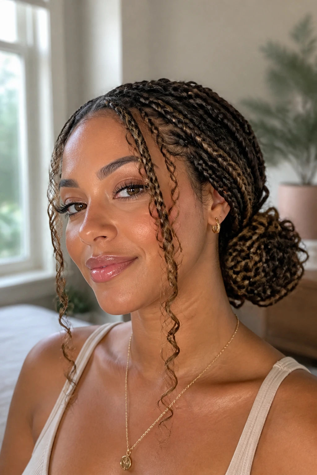 Real woman with curly tendrils framing the face and a low bun