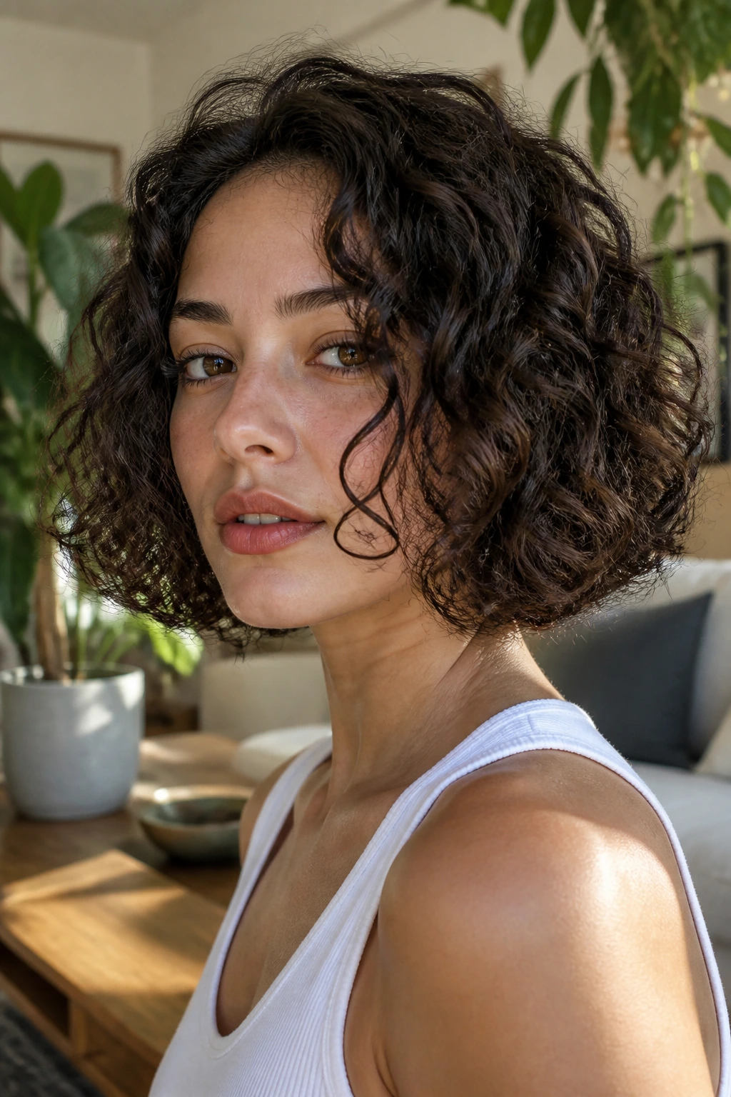 Close-up of a real woman with curly-textured bob around mouth length.