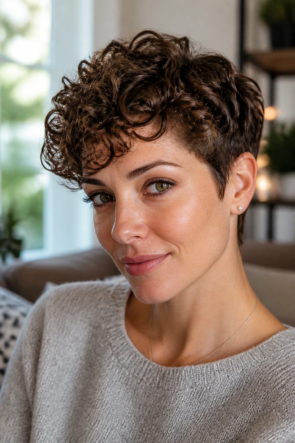 Curly texture pixie on a real woman, close-up portrait with defined curls