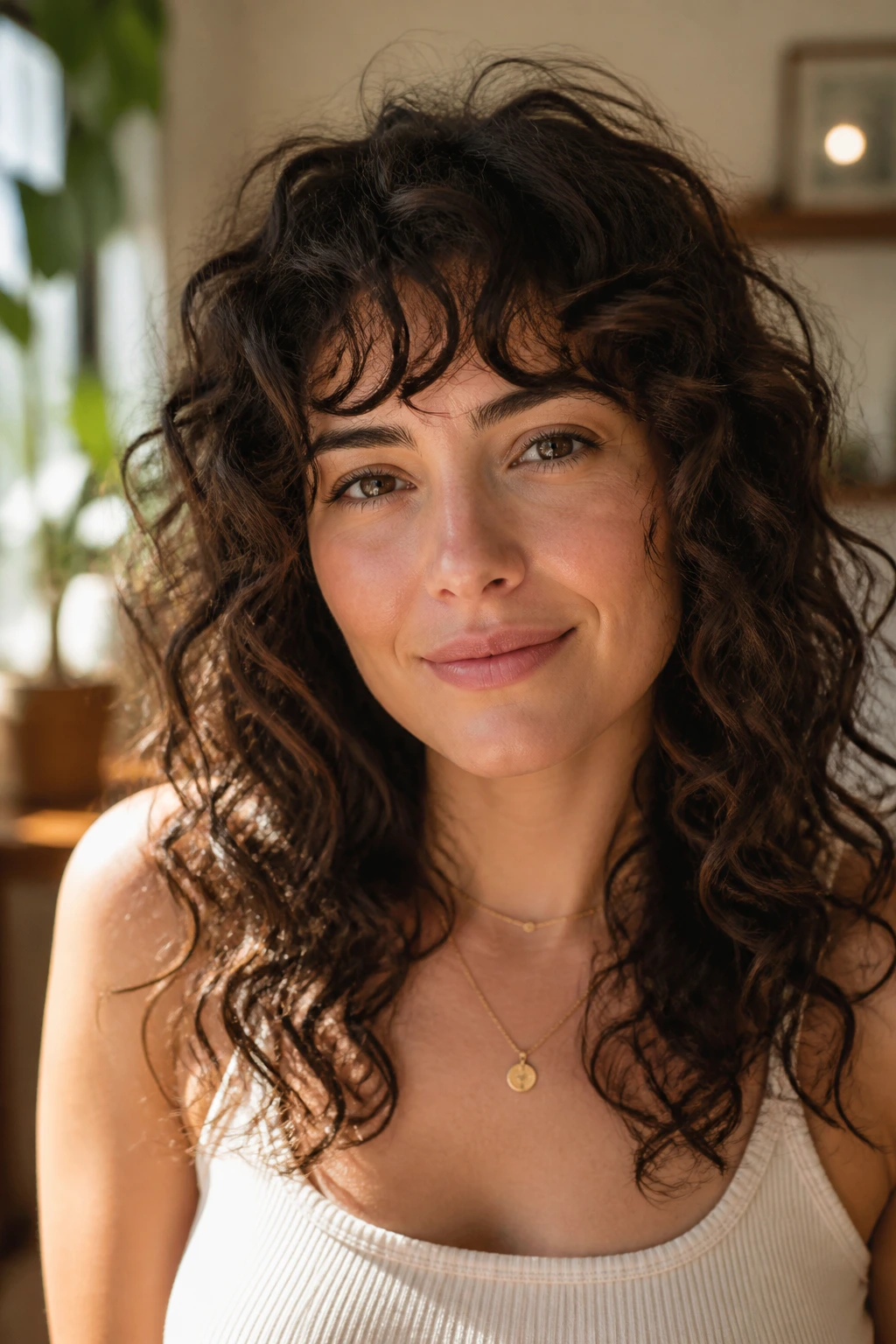Close-up of a real woman with curly-textured choppy fringe in natural light
