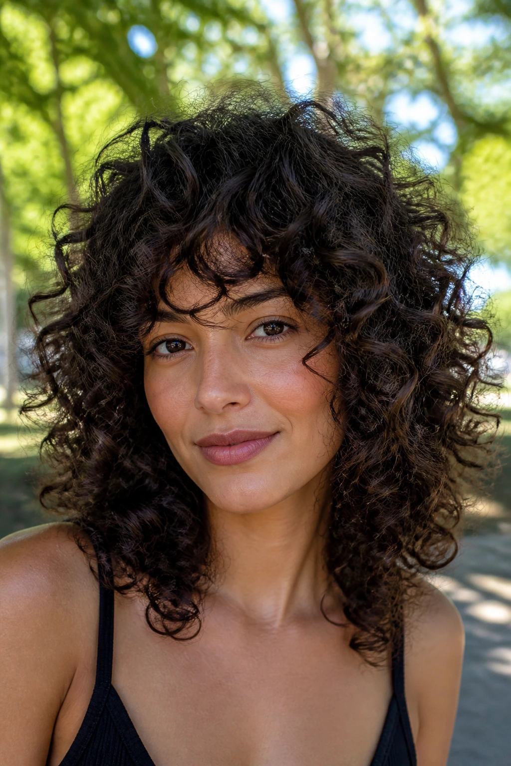 Close-up portrait of a real woman with curly thick-hair shag showing a rounded silhouette