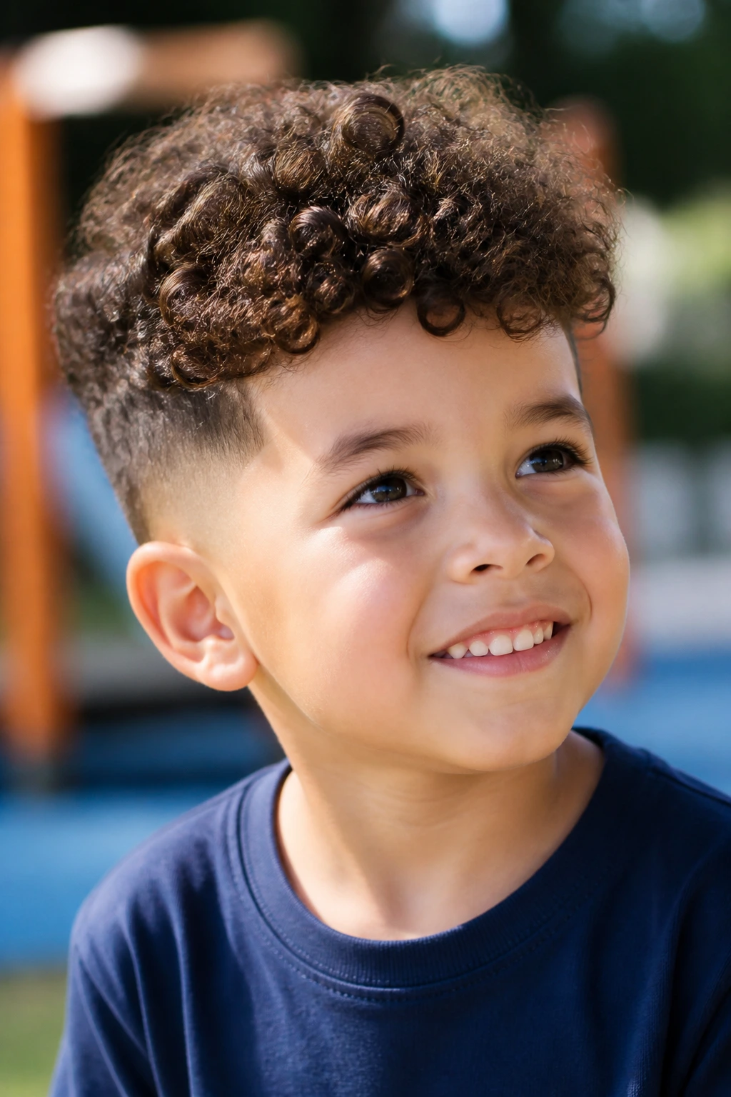 Close-up of a real boy with curly top and clean tapered sides.