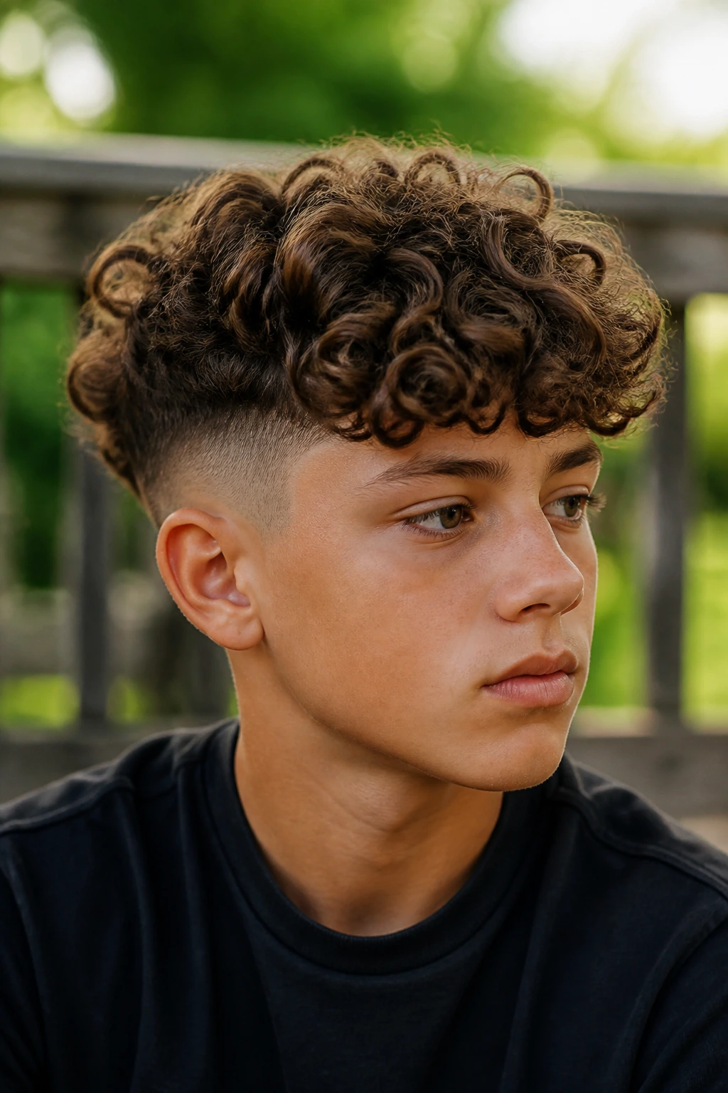 Close-up of a boy with curly top undercut