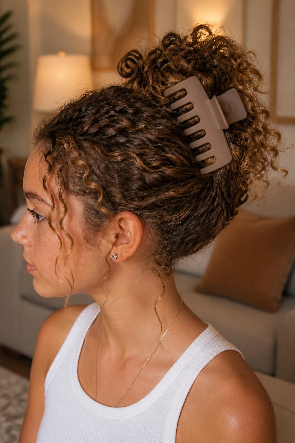 Portrait of a girl with a twisted curly hairstyle held by a wide matte claw clip