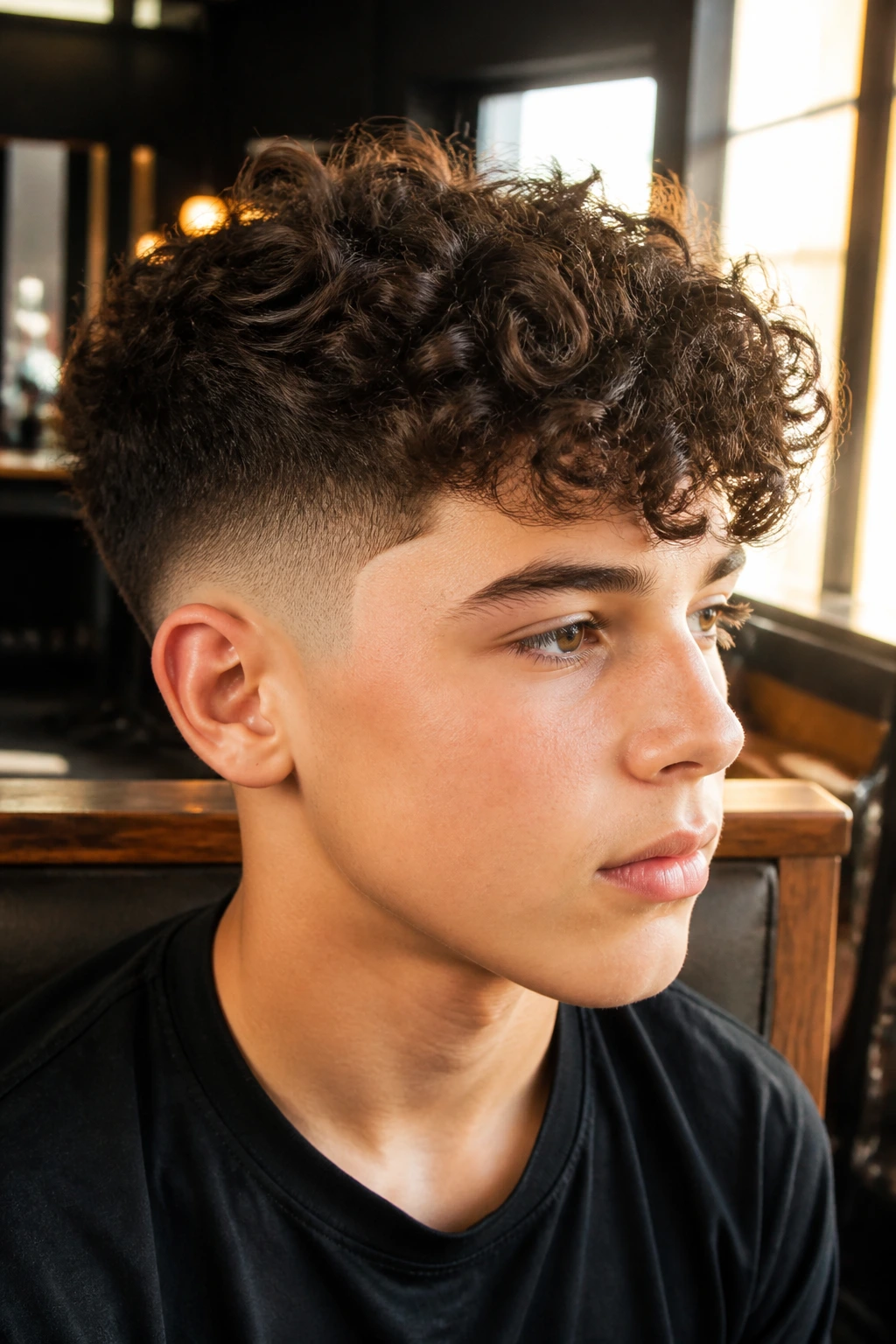 Close-up of a real boy with Curly Undercut: short clipped sides and long curly top