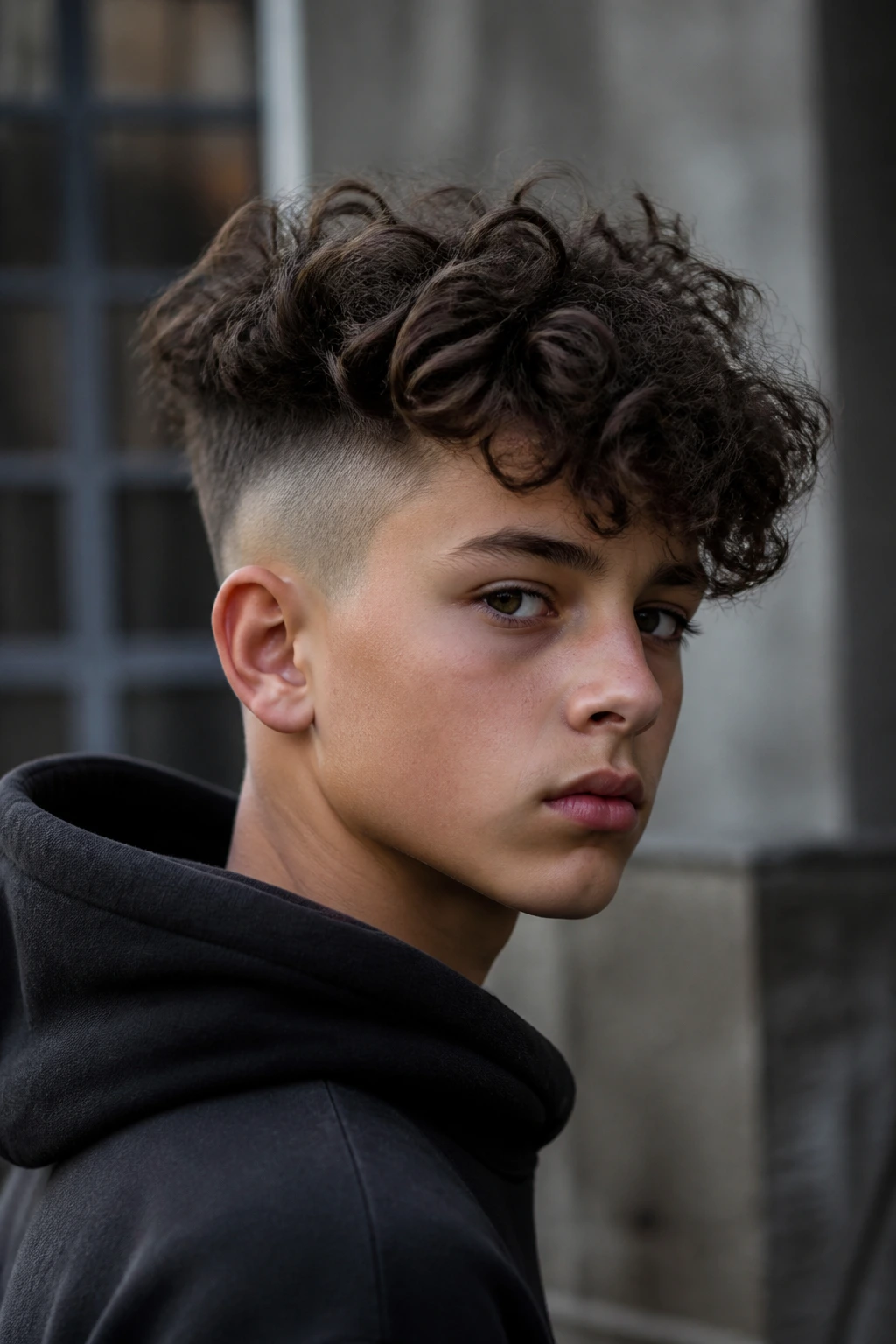 Portrait of a real boy with a curly undercut and shaved sides