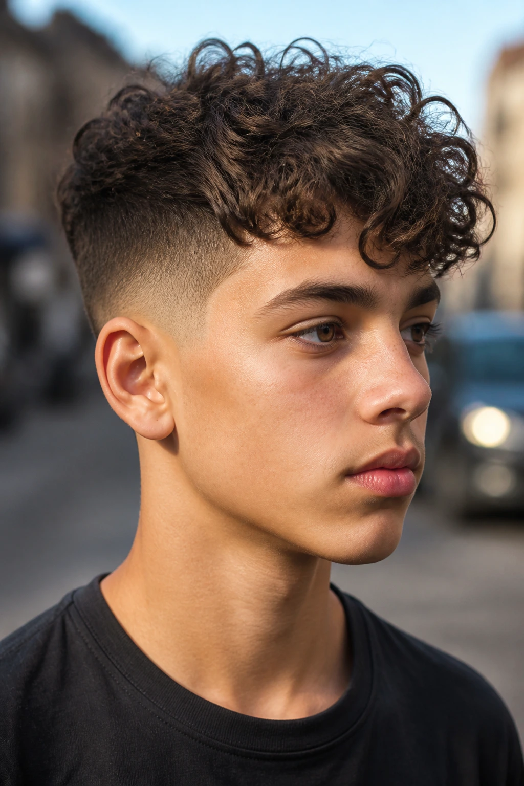 Boy with curly undercut in urban setting
