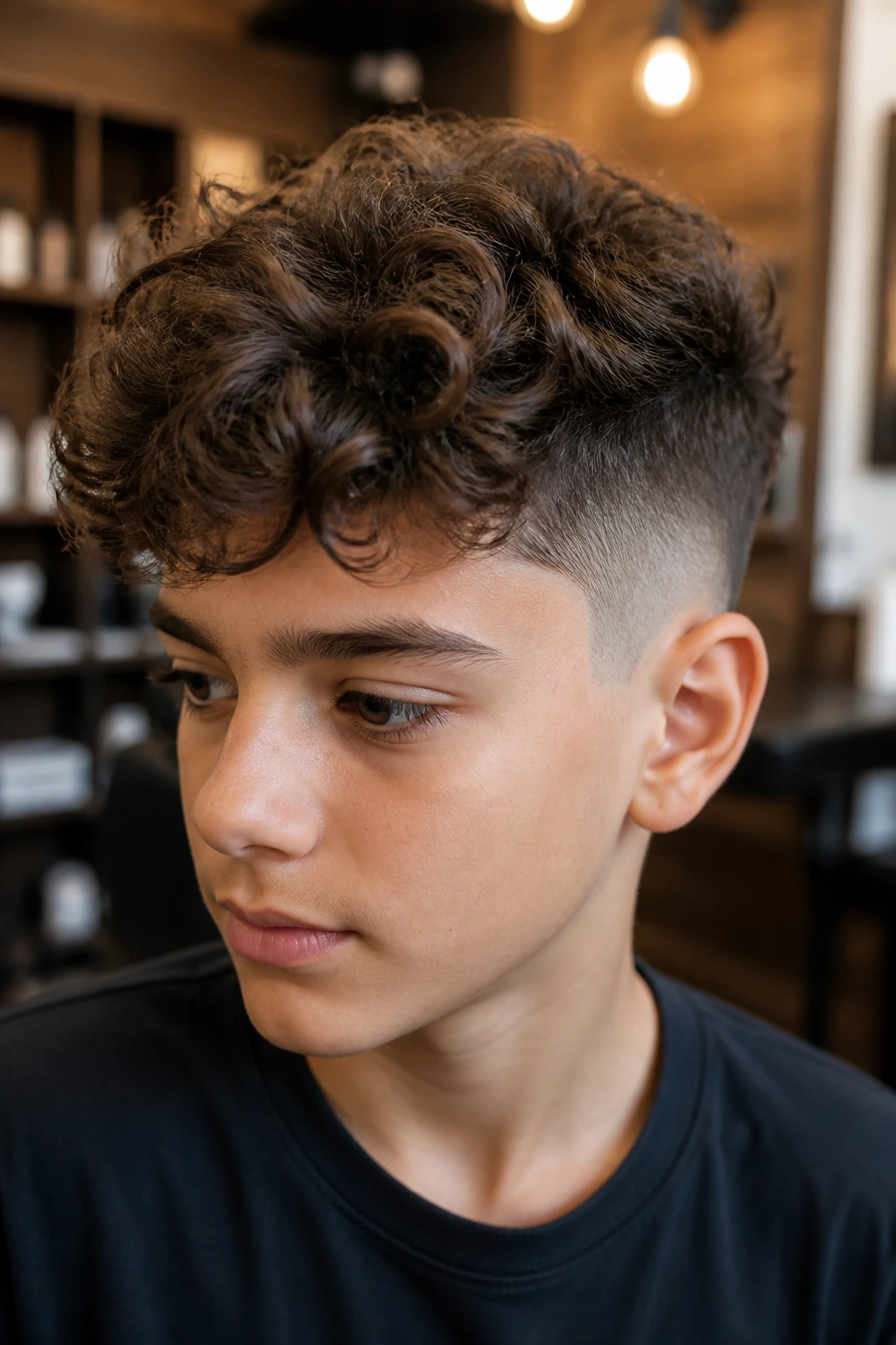 Close-up of a preteen boy with a curly undercut and longer crown in a barber shop.