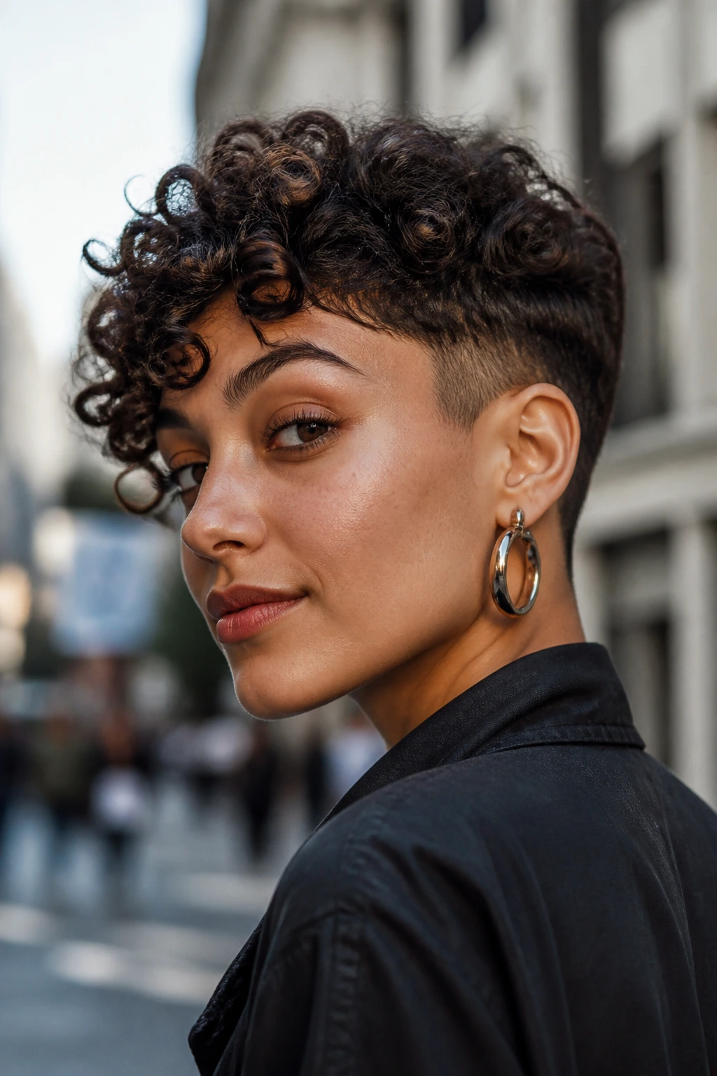 Portrait of a real person with a curly undercut, top curls visible over a shaved undercut.