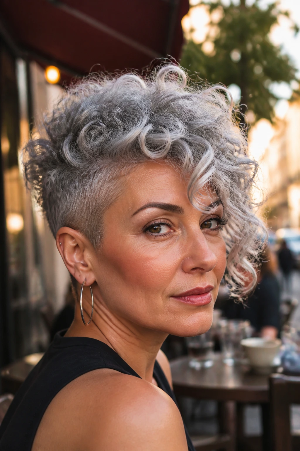 Portrait of a woman with curly undercut pixie and long fringe in golden hour street scene.