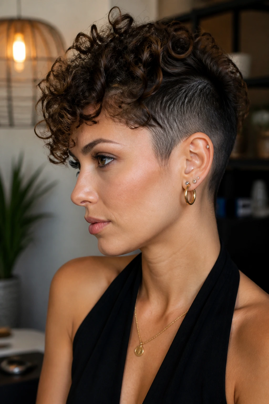 Close-up of a real woman with curly undercut pixie hairstyle