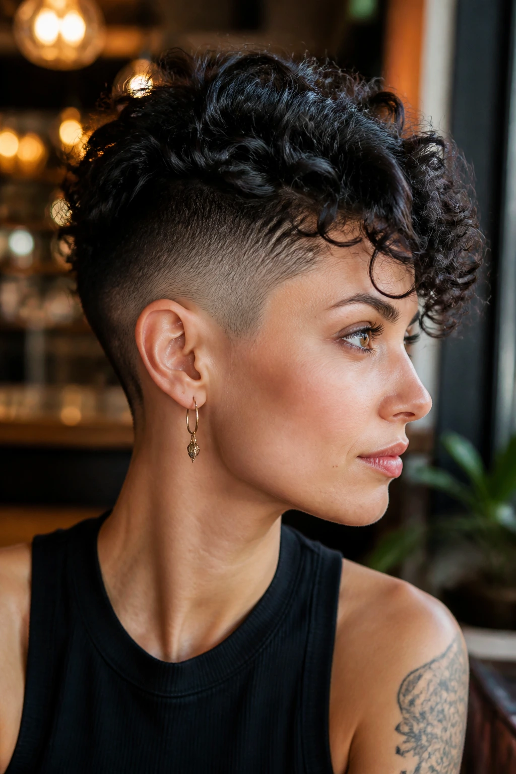 Real person with curly undercut pixie and shaved side in cafe setting
