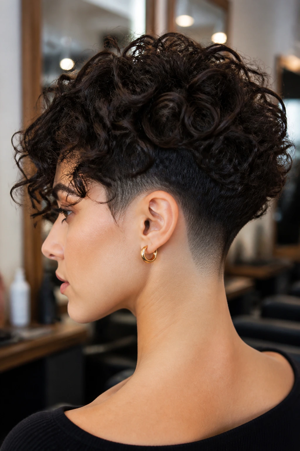 Close-up of a real woman with a curly undercut showing top curls and shaved nape.