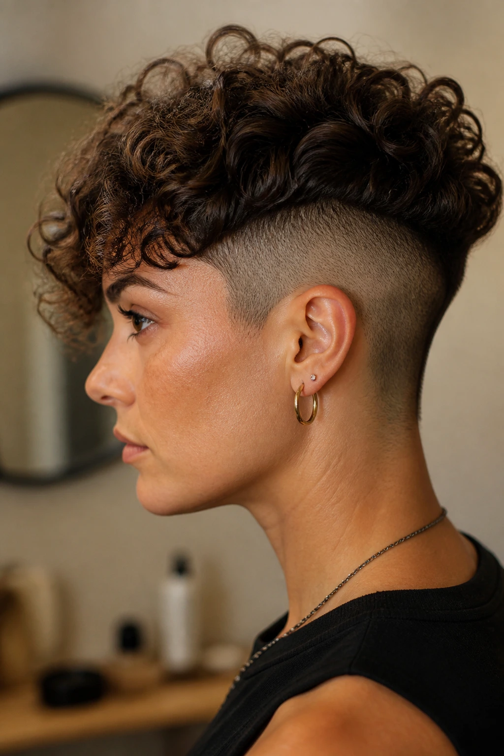 Profile view of a real person with curly undercut and shaved underarea.