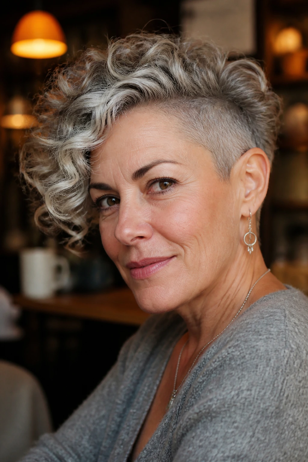 Close-up portrait of a real person with curly undercut and swept top