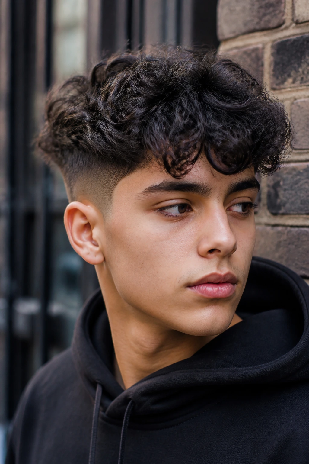 Real boy with curly undercut and textured top in an urban outdoor setting