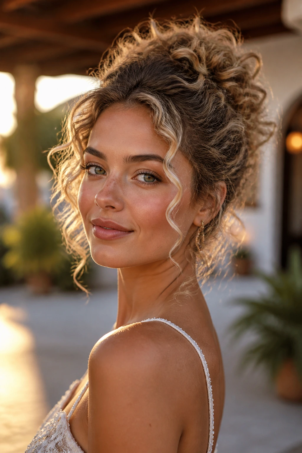 Close-up of a real woman with curly textured updo and bright front spirals.