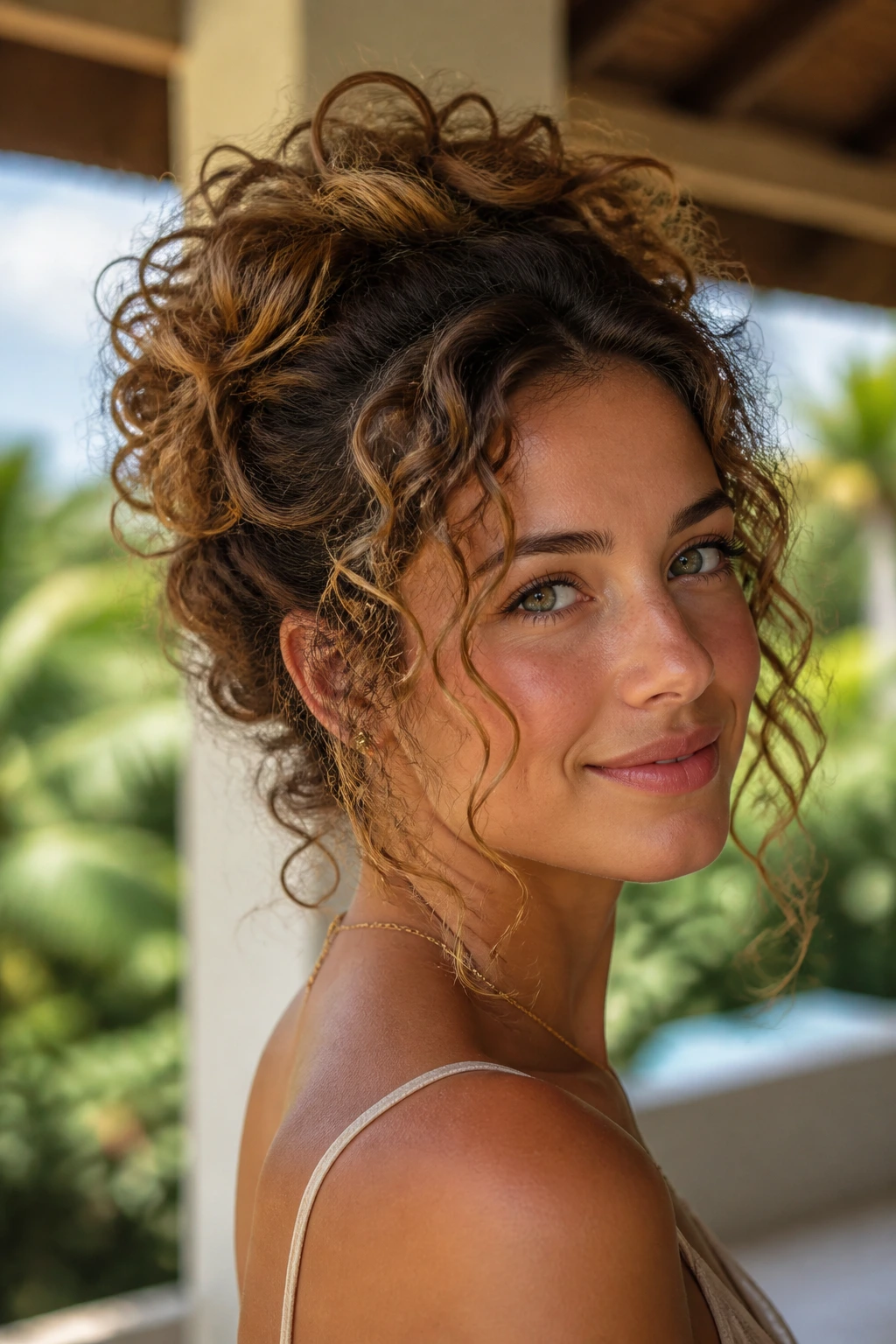 Close-up of a real woman with a vacation-ready curly updo and loose tendrils