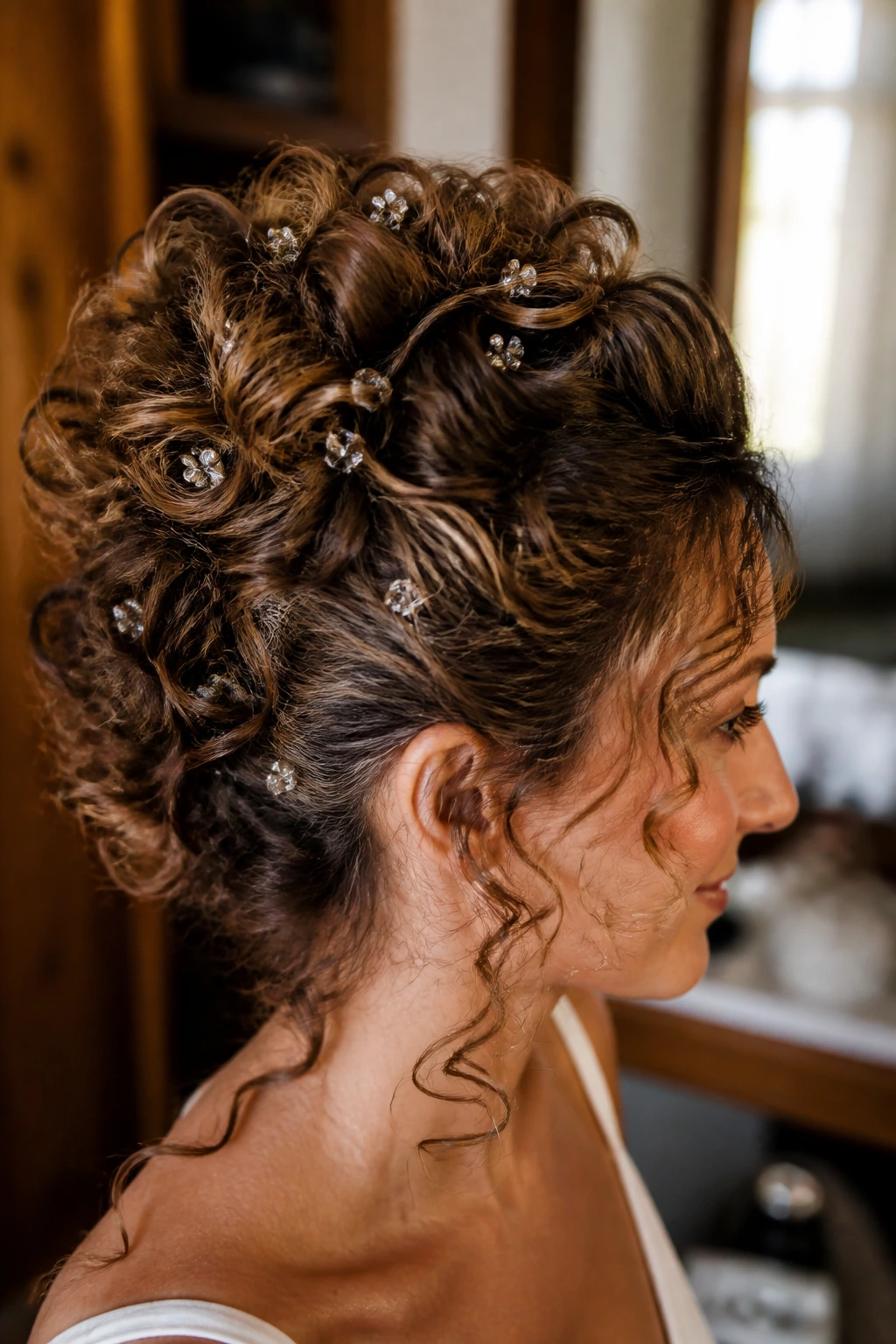 Close-up of real bride with curly volume updo pinned sections