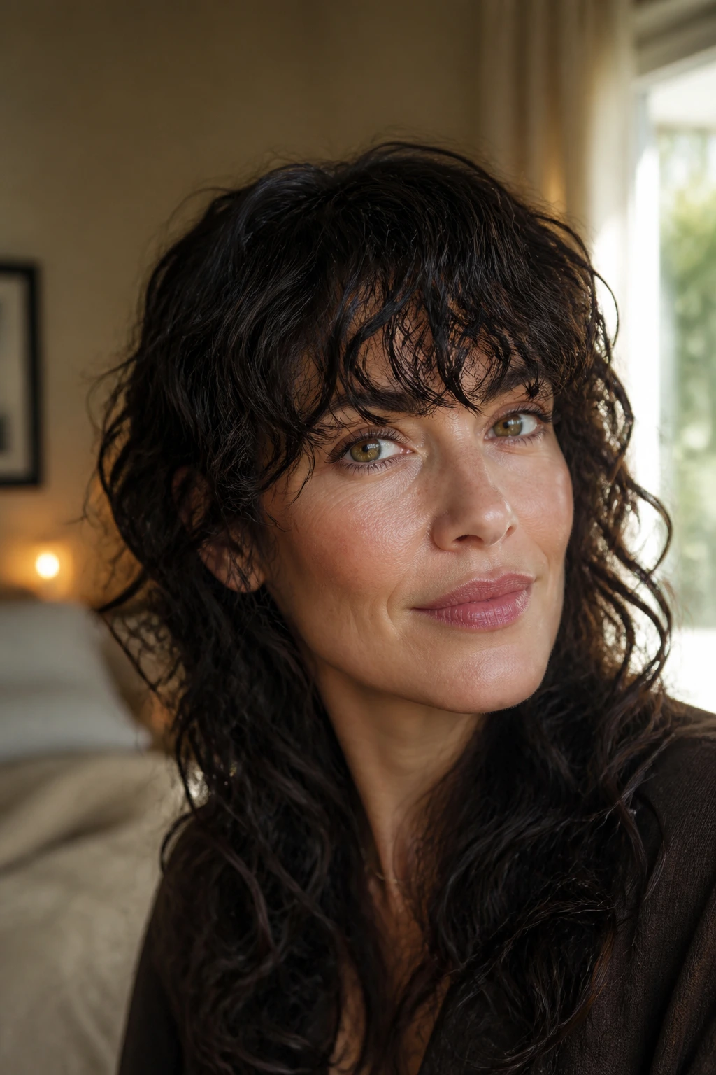 Close-up of a real woman with curly-wave bangs skim brows in warm window light