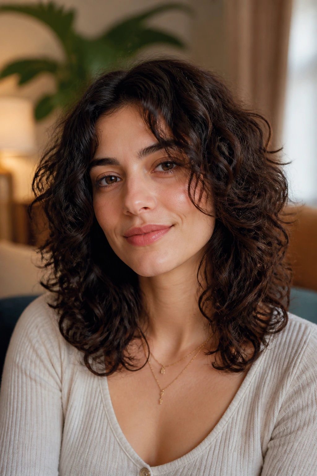 Close-up of a real woman with curly-wave feathered layers framing her face in natural light.