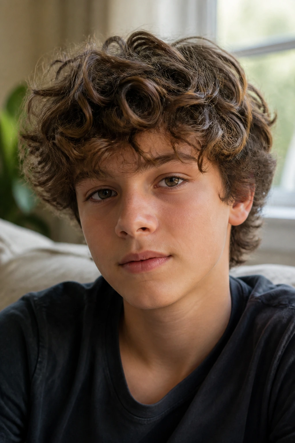 Close-up portrait of a real boy with curly-wave hybrid cut and mixed texture.