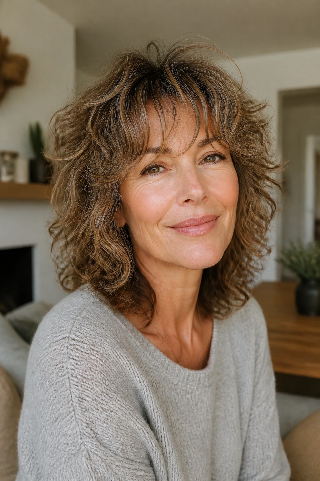 Close-up of a woman with curly-wave shag and airy fringe.
