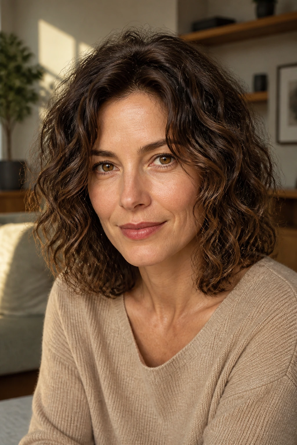 Close-up portrait of a real woman with curly shoulder-length hair in warm window light