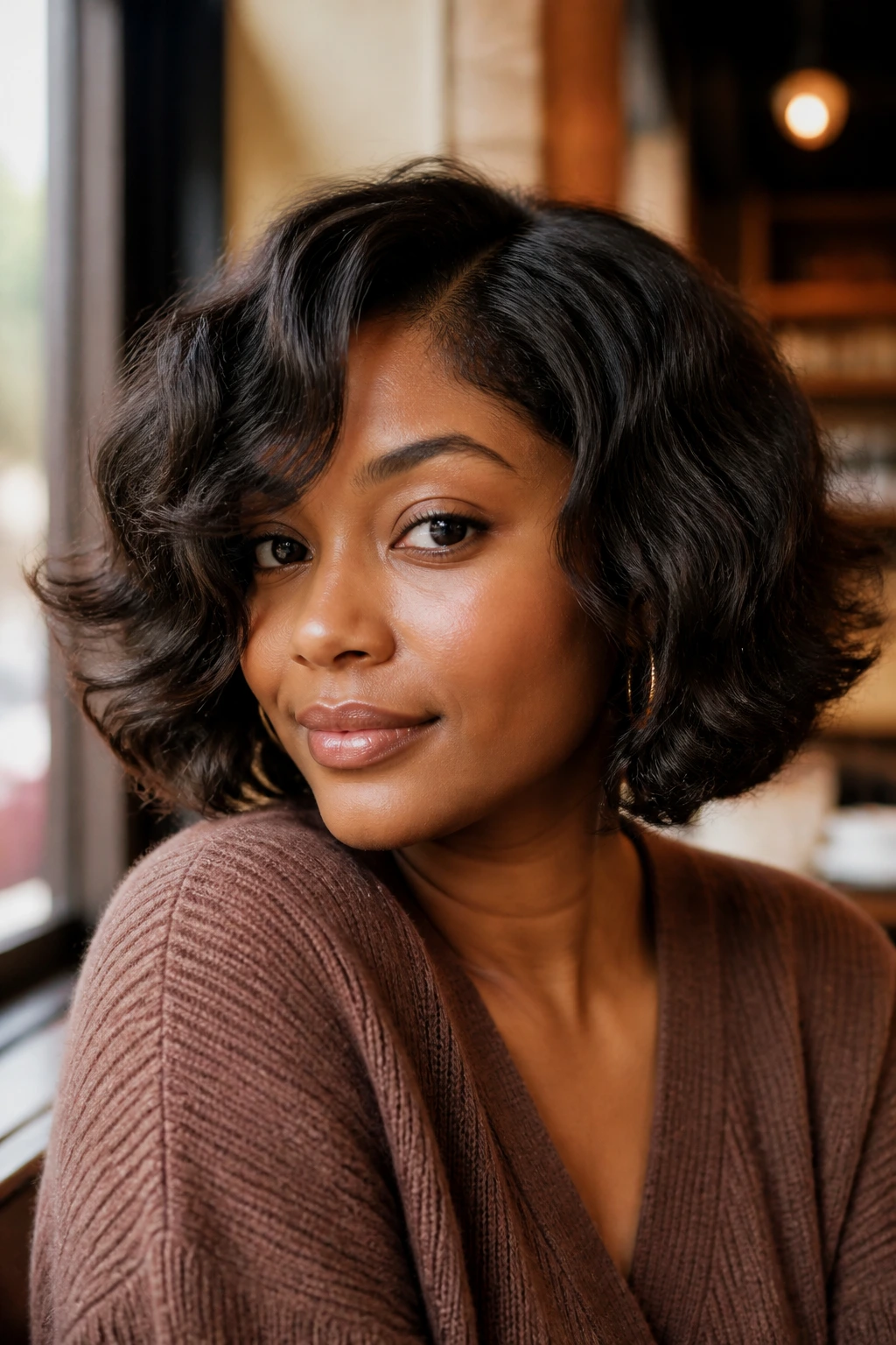 Close-up of a curly-wavy bob with flipped ends on a real Black woman