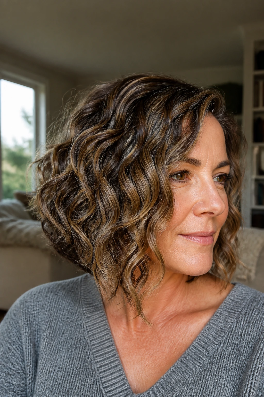 Real woman with curly-wavy hybrid bob, longer front balancing curl pattern