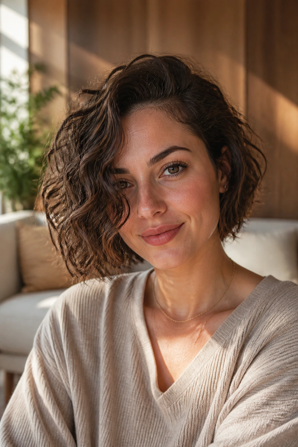 Close-up portrait of a real woman with curly-wavy bob and offset part, natural light.