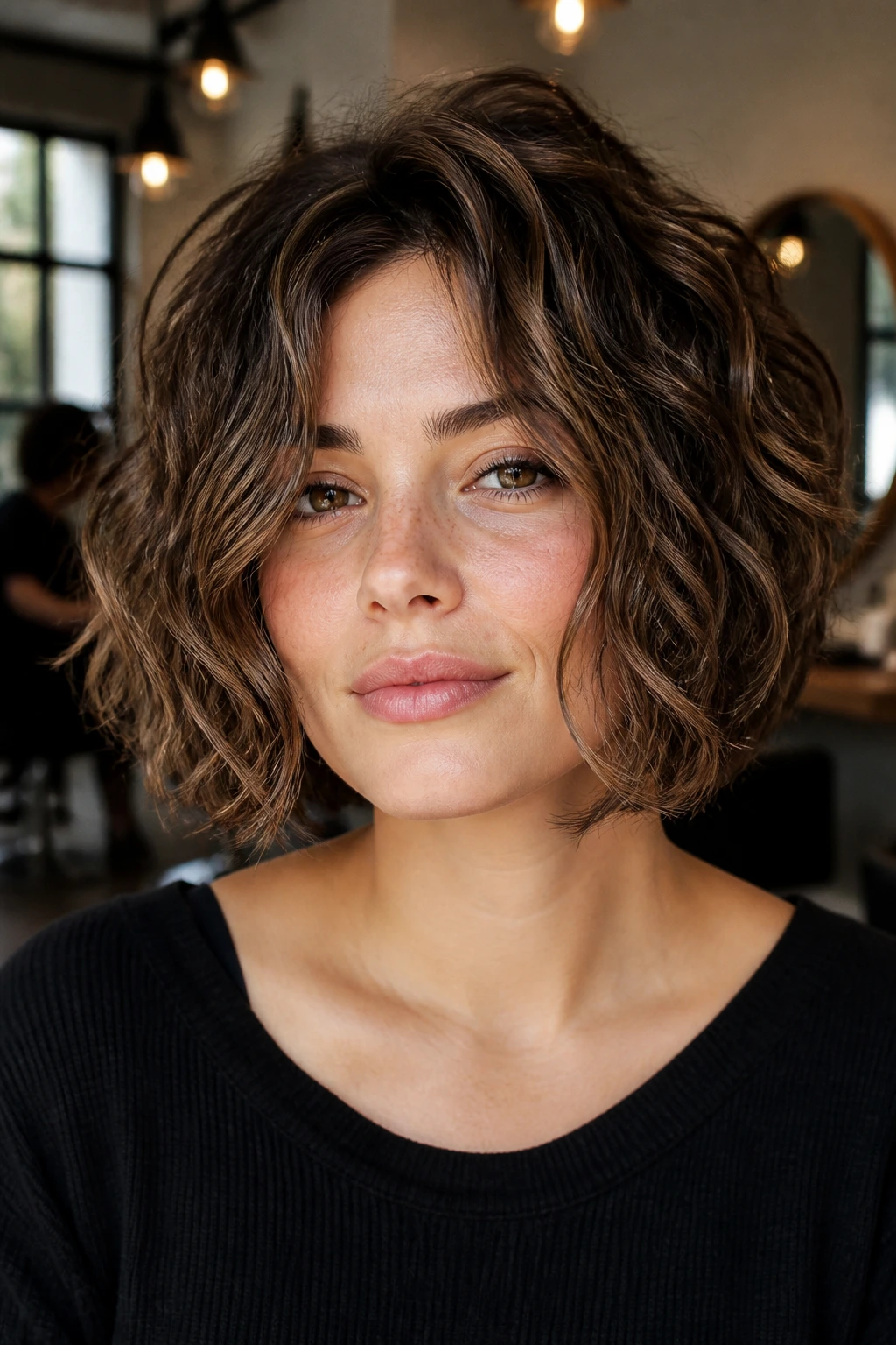 Close-up of a real woman with curly-wavy hybrid bob framing her face.