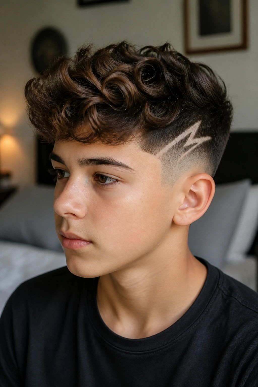 Close-up portrait of a boy with curly wavy top and side bolt haircut in warm daylight