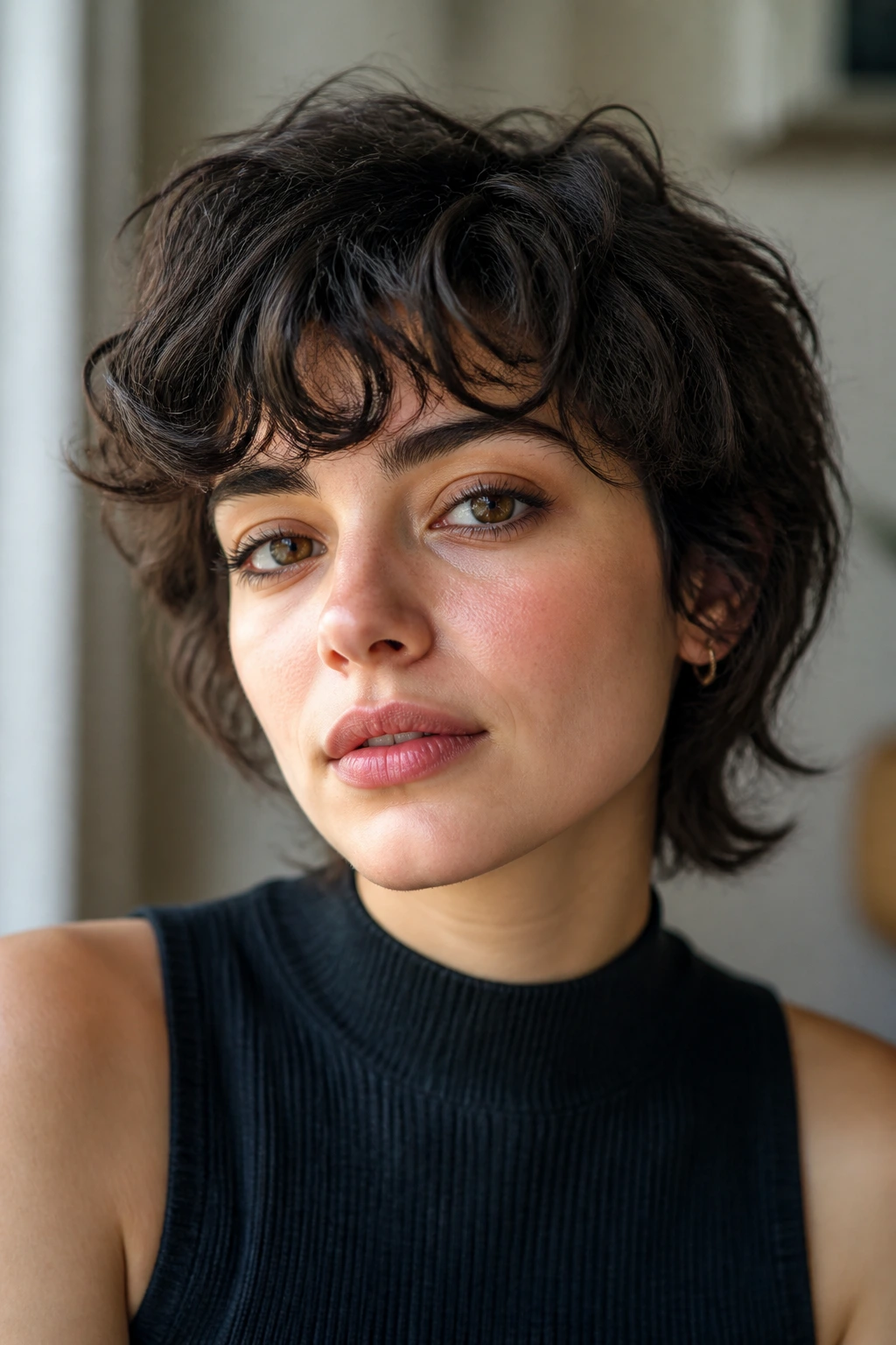 Close-up of a real woman with curly-wavy fringe on a short shag, natural window light.