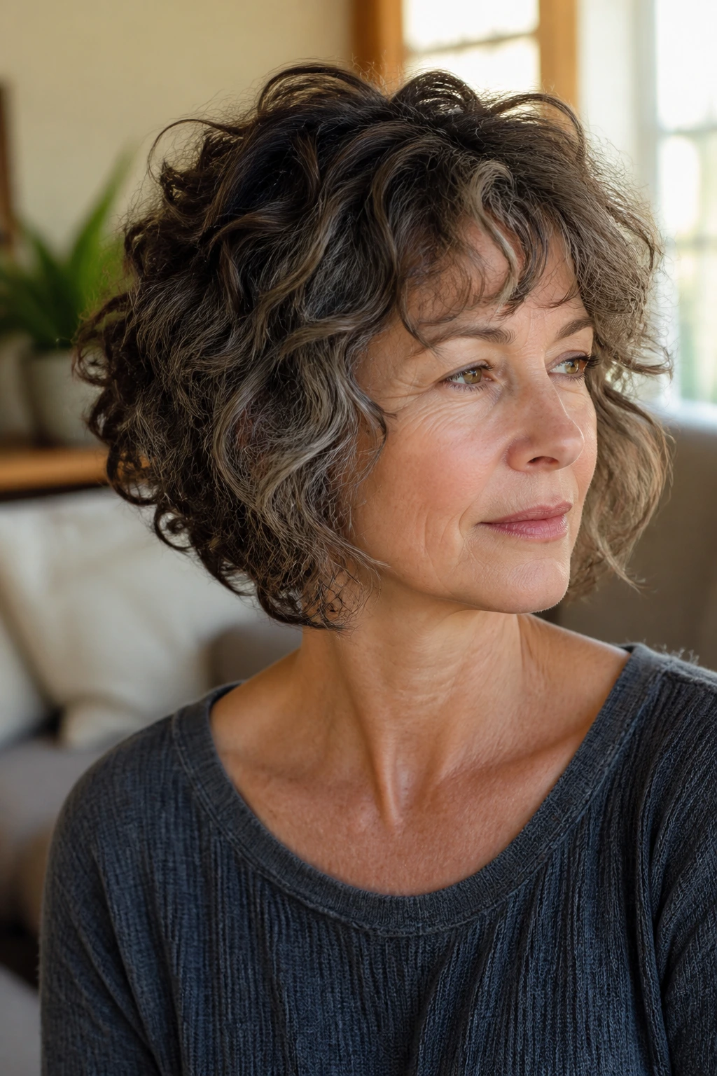 Close-up of real woman with curly and wavy hybrid shag bob showing mix of textures