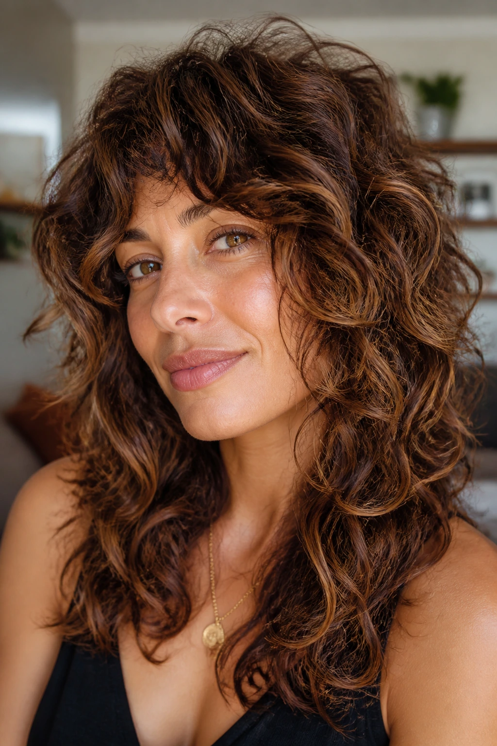 Close-up of a real woman with curly-wavy hybrid shag and caramel highlights.