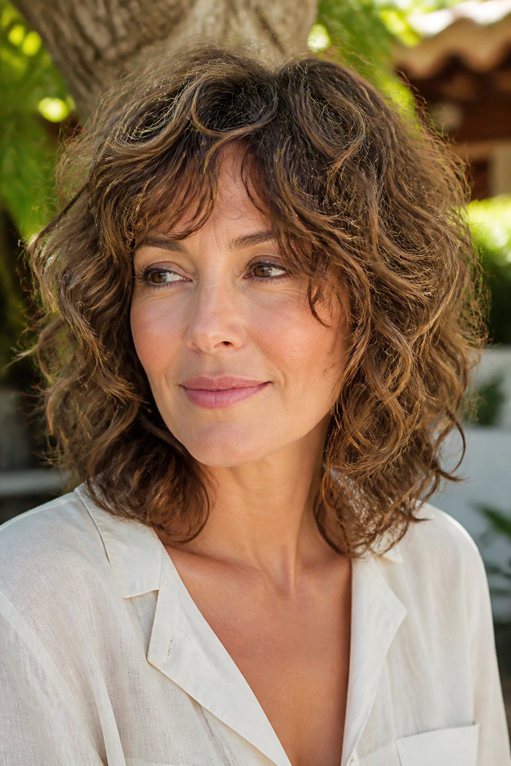 Close-up portrait of a real person with Curly-Wavy Layered Shape and soft roundness