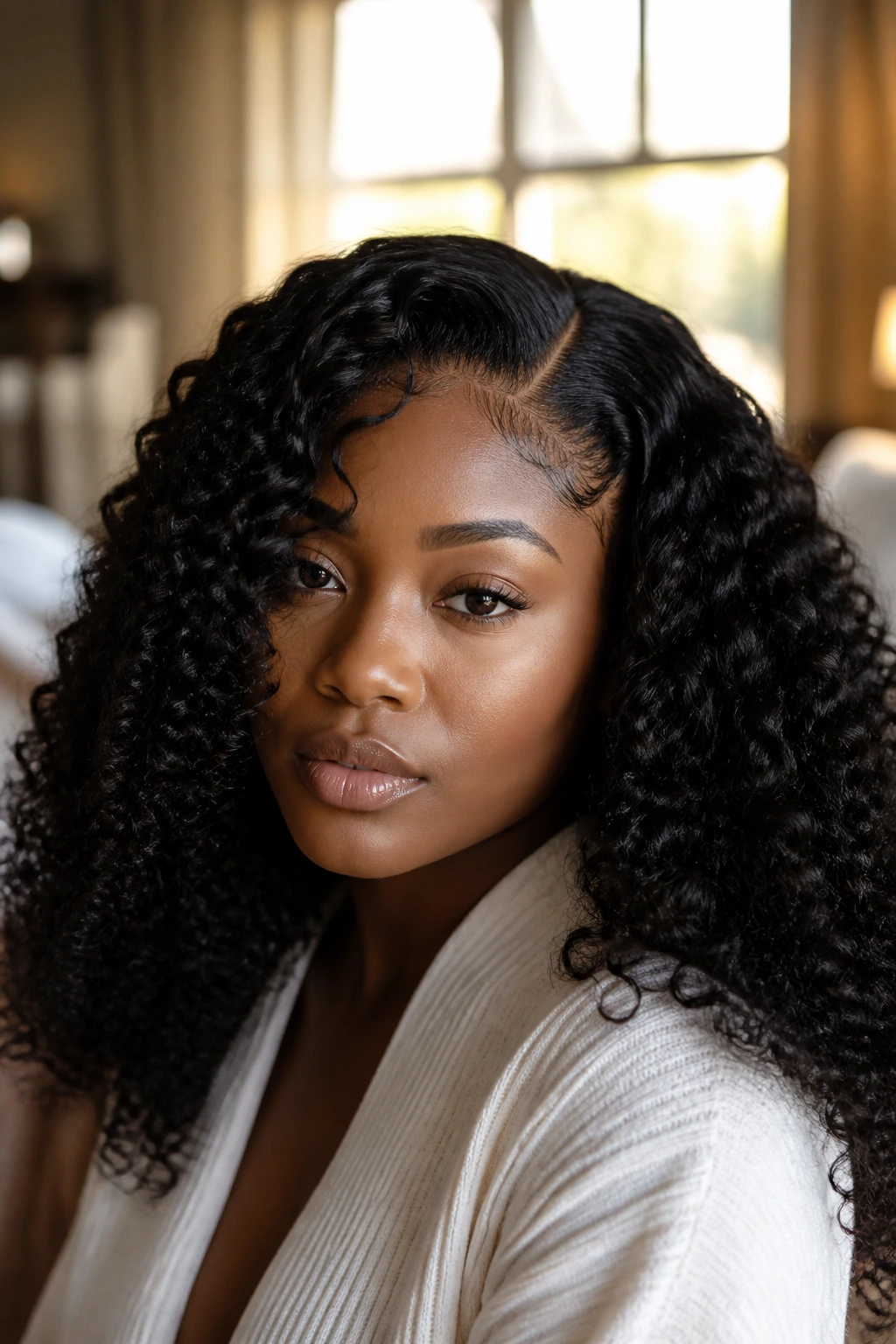 Portrait of a real woman with a side-part chunky weave hairstyle