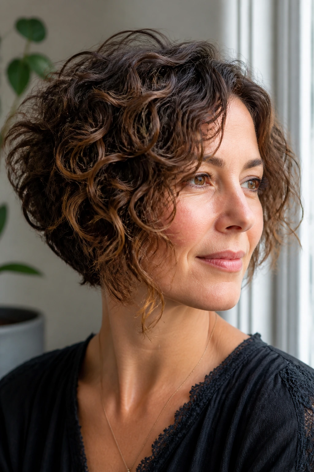 Real woman sporting curly wedge bob with hidden lift