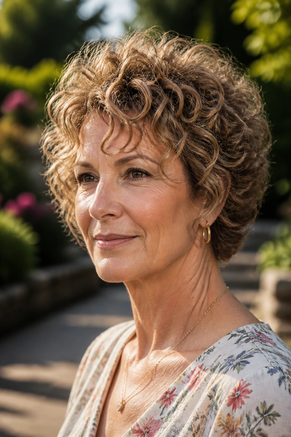 Close-up of a real woman with curly wedge and lifted crown