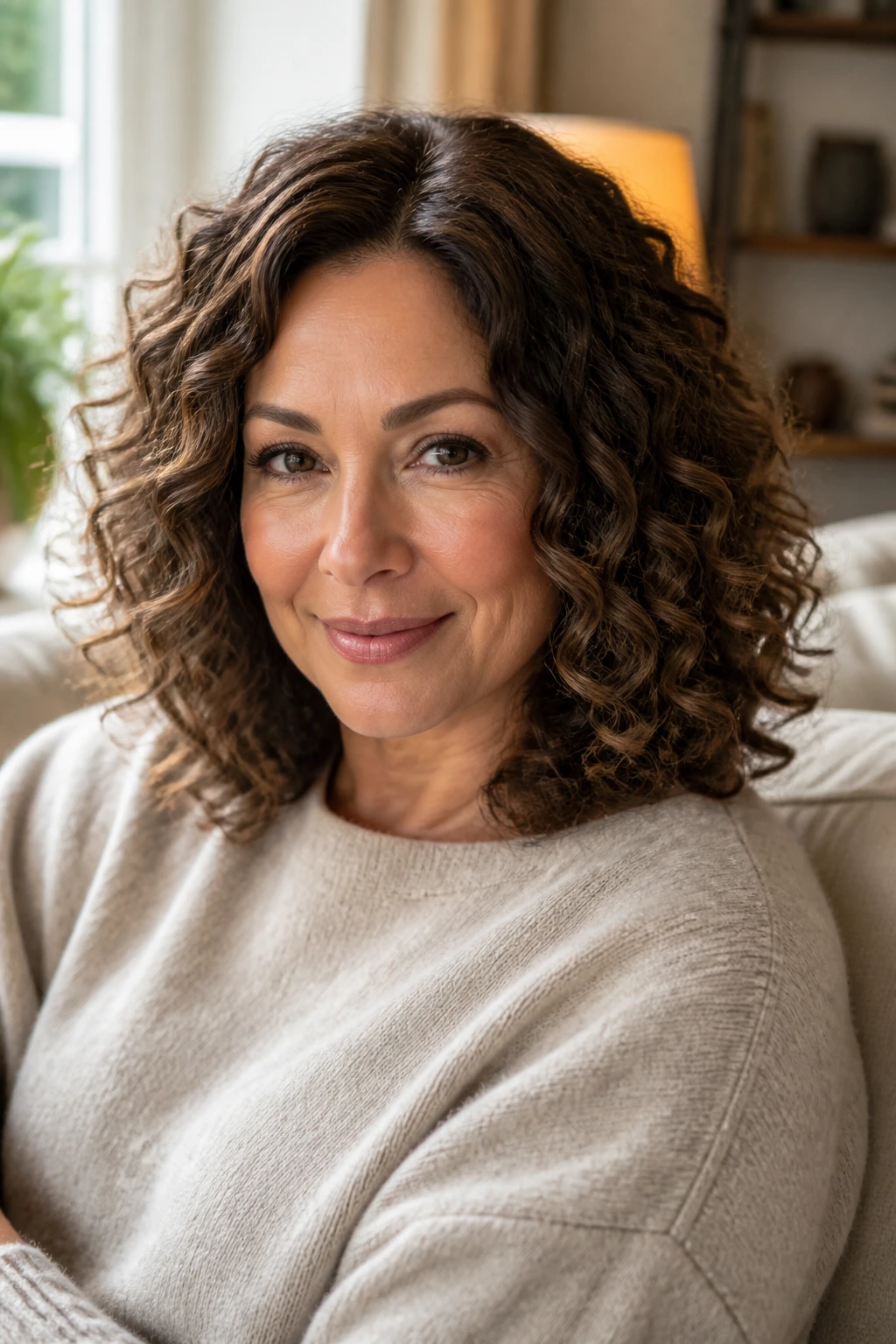 Real woman wearing curly shoulder-length mono wig with natural curls.