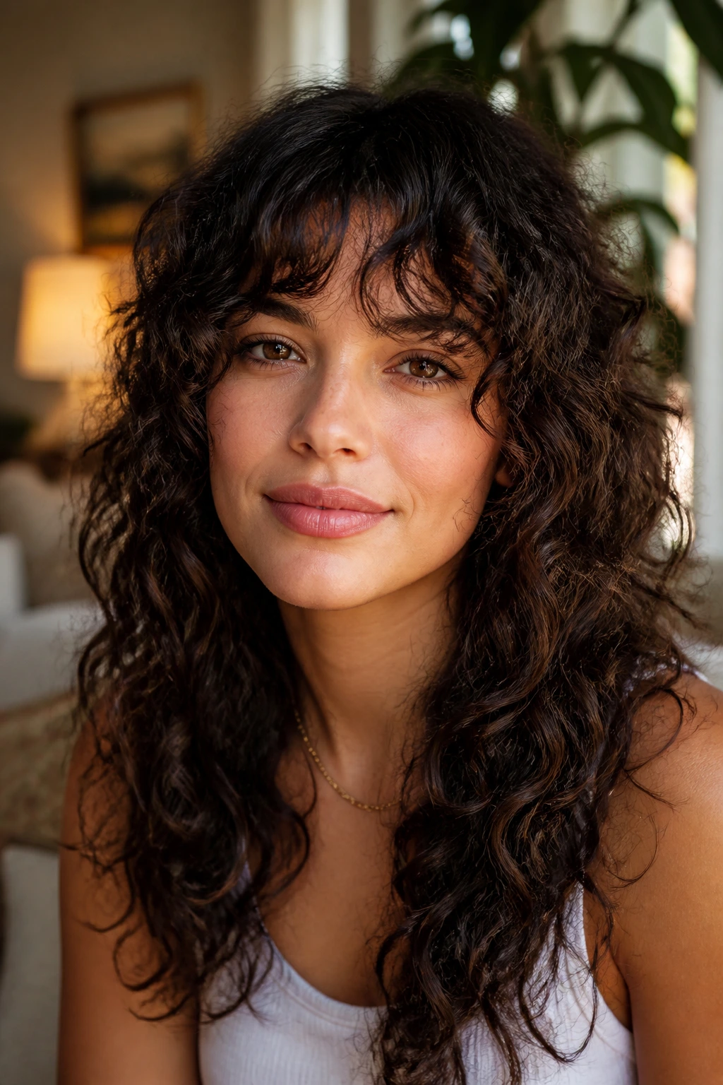 Close-up of a real woman with curly wispy bangs framing the forehead